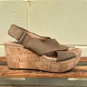 Clarks Artisan Tan Leather Suede Cork Wedge Sandal Shoes Women’s 6